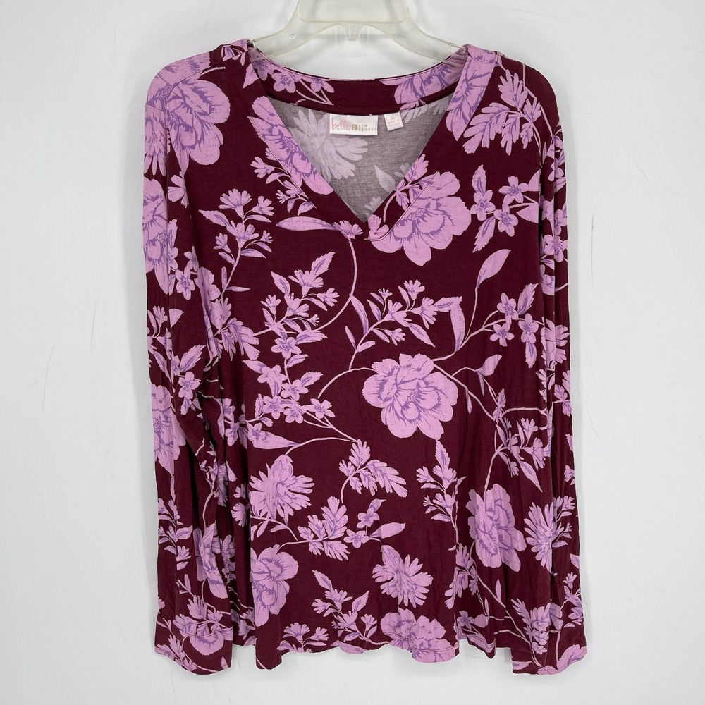 Belle by Kim Gravel Women's Burgundy Floral V-Neck Long Sleeve Boho Top Size XL